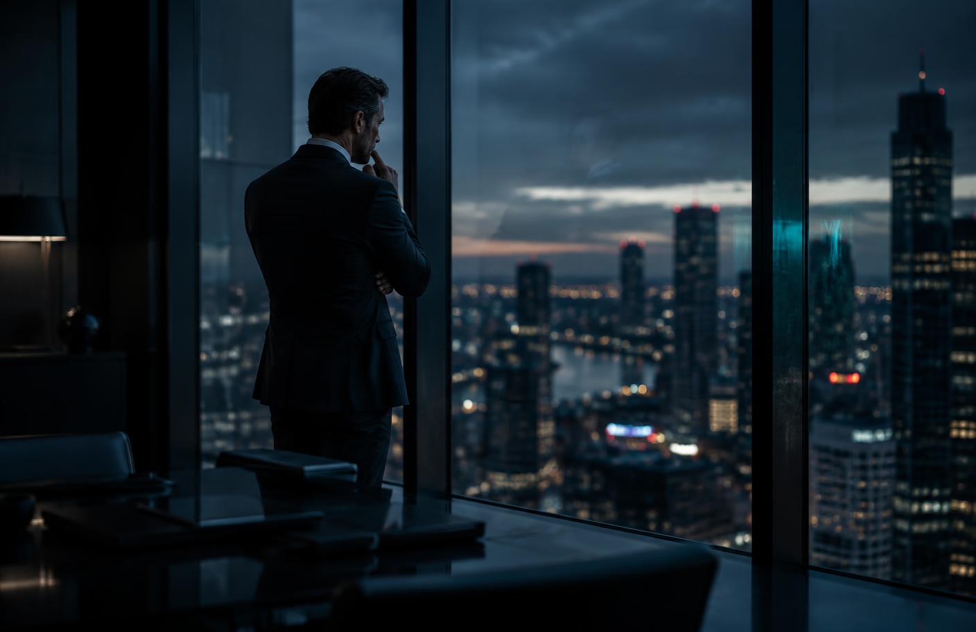 Executive pausing by a window, considering a high-stakes decision